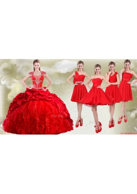 Popular Cap Sleeves Quinceanera Dress and Beautiful Chiffon Short Dama Dresses in Red