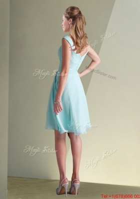 Lovely Chiffon Off the Shoulder Aqua Blue Dama Dress with Ruching