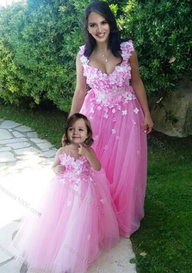 Beautiful Deep V Neckline Lovely Prom Dress with Appliques and Hot Sale Rose Pink Little Girl Dress with See Through Scoop