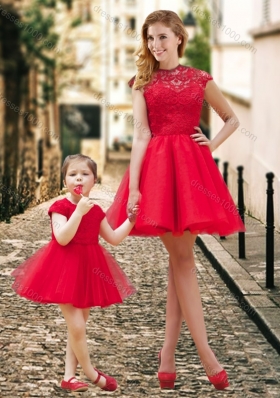 Feminine High Neck Backless Lovely Prom Dress in Red and Beautiful Mini Length Little Girl Dress with Cap Sleeves