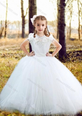 Feminine See Through Long Sleeves Perfect Wedding Dresses with Appliques and Lovely Big Puffy Flower Girl Dress with Hand Made Flowers