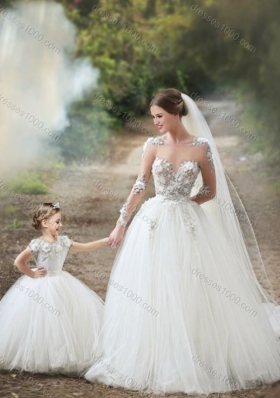 Feminine See Through Long Sleeves Perfect Wedding Dresses with Appliques and Lovely Big Puffy Flower Girl Dress with Hand Made Flowers