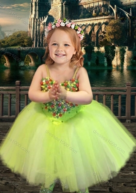 New Arrivals Beaded Really Puffy Lovely Prom Dress in Yellow Green and Classical Spaghetti Straps Little Girl Dress with Beading