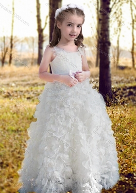 New Arrivals Ruffled and Bowknot White Flower Girl Dress with Straps