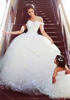 Sophisticated Off the Shoulder Perfect Wedding Dresses with Bowknot and Romantic Strapless Flower Girl Dress with Bowknot