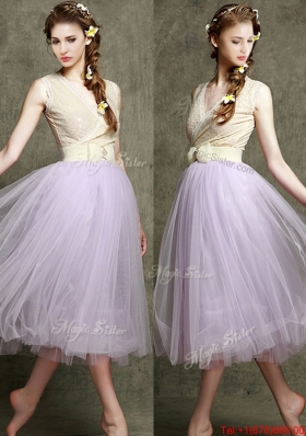 2016 New Style Lavender V Neck Bridesmaid Dress with Bowknot and Belt
