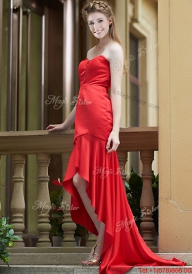 Cheap Column High Low Red Bridesmaid Dress with Brush Train