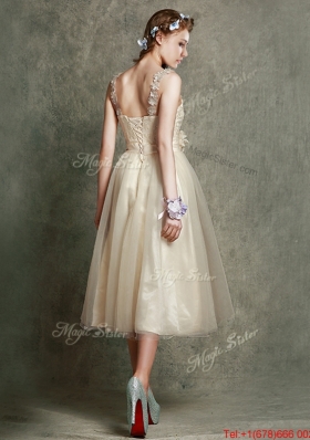 Gorgeous Straps Champagne Bridesmaid Dress with Appliques and Hand Made Flowers