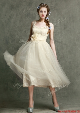 Gorgeous Straps Champagne Bridesmaid Dress with Appliques and Hand Made Flowers