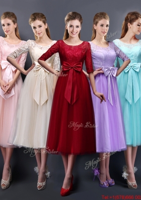 2016 Cheap See Through Scoop Half Sleeves Bridesmaid Dress with Bowknot