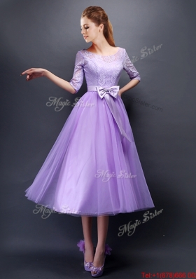 2016 Cheap See Through Scoop Half Sleeves Bridesmaid Dress with Bowknot