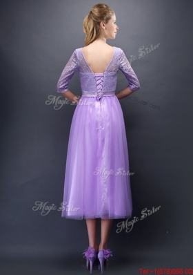 2016 Cheap See Through Scoop Half Sleeves Bridesmaid Dress with Bowknot