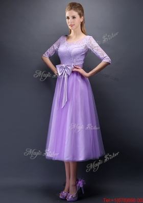 2016 Cheap See Through Scoop Half Sleeves Bridesmaid Dress with Bowknot