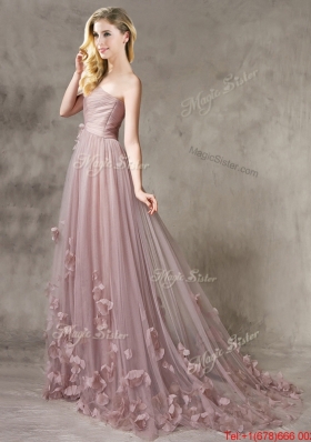 2016 Classical Strapless Brush Train Bridesmaid Dress with Appliques