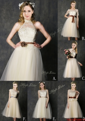 2016 Popular Scoop Champagne Bridesmaid Dress with Sashes and Lace