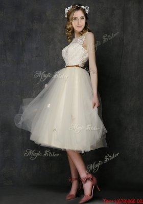 2016 Popular Scoop Champagne Bridesmaid Dress with Sashes and Lace