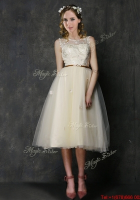 2016 Popular Scoop Champagne Bridesmaid Dress with Sashes and Lace