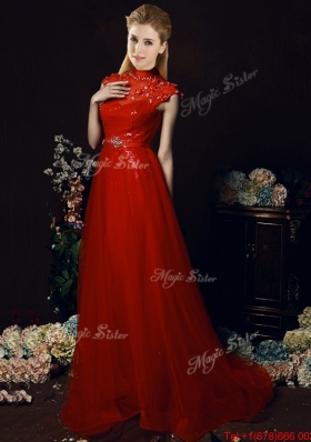 Beautiful High Neck Open Back Beaded Bridesmaid Dress with Brush Train