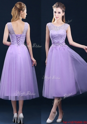 Beautiful See Through Laced and Applique Bridesmaid Dress in Tea Length