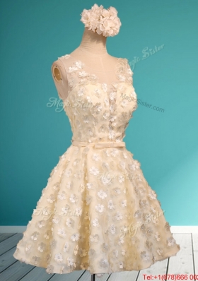 Best Scoop Champagne Short Bridesmaid Dress with Appliques and Belt