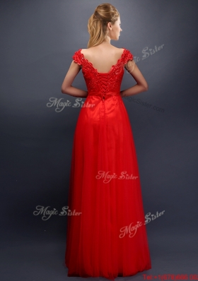 Classical Beaded V Neck Red Bridesmaid Dress with Cap Sleeves