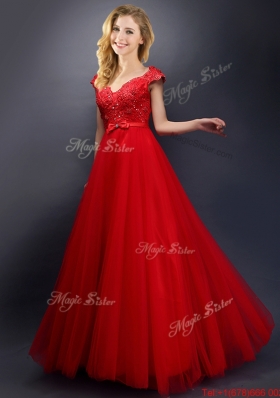 Classical Beaded V Neck Red Bridesmaid Dress with Cap Sleeves