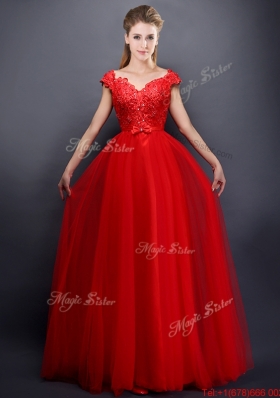 Classical Beaded V Neck Red Bridesmaid Dress with Cap Sleeves