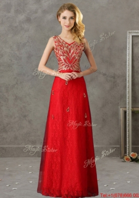 Classical V Neck Red Bridesmaid Dress with Appliques and Beading