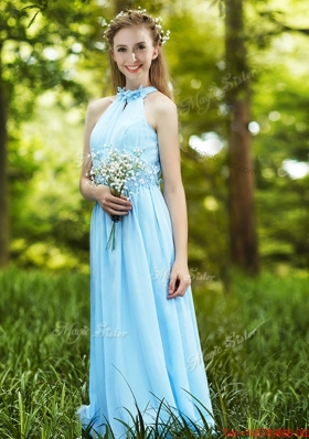 Discount Halter Top Light Blue Bridesmaid Dress with Appliques