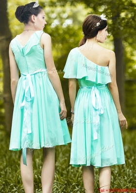 Lovely Belted and Ruched Short Bridesmaid Dress in Apple Green