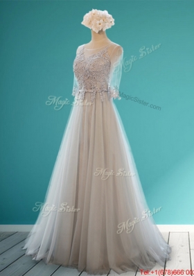 Luxurious Scoop Half Sleeves Grey Bridesmaid Dress with Appliques and Belt