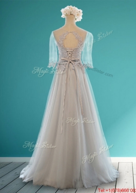 Luxurious Scoop Half Sleeves Grey Bridesmaid Dress with Appliques and Belt