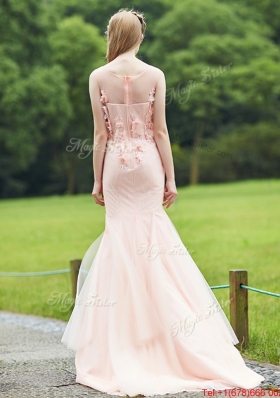 Luxurious See Through Light Pink Mermaid Bridesmaid Dress with Brush Train