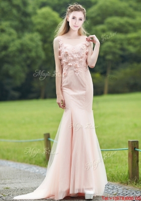 Luxurious See Through Light Pink Mermaid Bridesmaid Dress with Brush Train