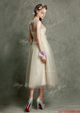 Pretty High Neck Champagne Bridesmaid Dress with Lace and Hand Made Flowers