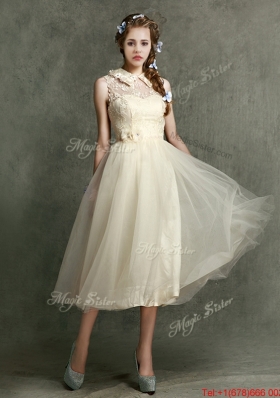 Pretty High Neck Champagne Bridesmaid Dress with Lace and Hand Made Flowers