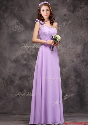 Pretty One Shoulder Lavender Bridesmaid Dress with Applique Decorated Waist