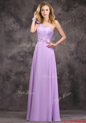 Pretty One Shoulder Lavender Bridesmaid Dress with Applique Decorated Waist