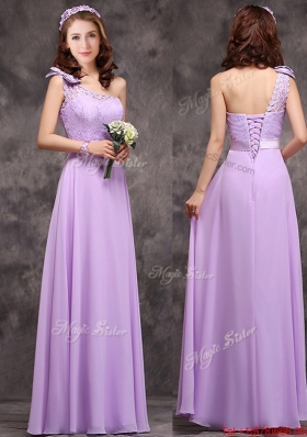 Pretty One Shoulder Lavender Bridesmaid Dress with Applique Decorated Waist