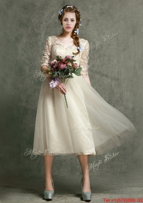 Romantic V Neck Half Sleeves Dama Dress with Lace and Belt