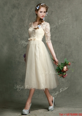 Romantic V Neck Half Sleeves Dama Dress with Lace and Belt