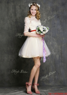 See Through High Neck Half Sleeves Short Bridesmaid Dress with Belt