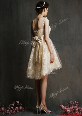 See Through Scoop Champagne Bridesmaid Dress with Hand Made Flowers and Bowknot