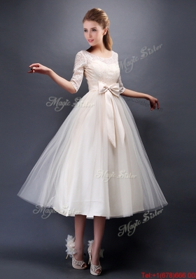 See Through Scoop Half Sleeves Champagne Bridesmaid Dress with Bowknot