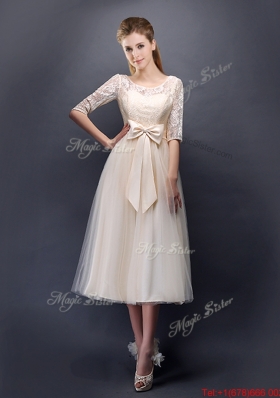 See Through Scoop Half Sleeves Champagne Bridesmaid Dress with Bowknot