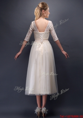 See Through Scoop Half Sleeves Champagne Bridesmaid Dress with Bowknot