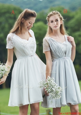 See Through Short Sleeves White Bridesmaid Dress with Belt and Lace