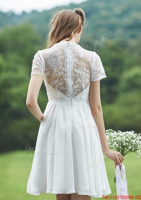 See Through Short Sleeves White Bridesmaid Dress with Belt and Lace