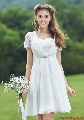 See Through Short Sleeves White Bridesmaid Dress with Belt and Lace