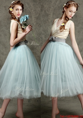 2016 Best Hand Made Flowers and Belted V Neck Prom Dresses  in Apple Green